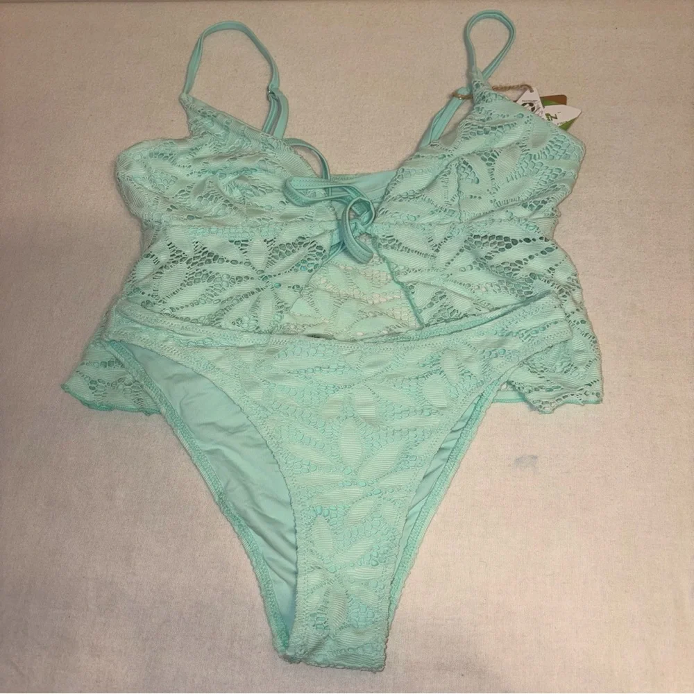 Berlook Cyan Textured Lace Trimmed Tankini Top & Bikini Bottom Mint Green Size M
